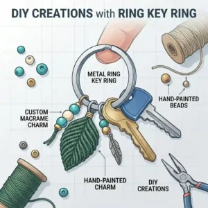 Creative illustration of handmade macrame and beaded charms attached to a gold ring key ring for DIY crafting.