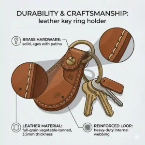 A diagram emphasizing the reinforced saddle stitching and brass hardware durability features of a handmade leather key ring holder.