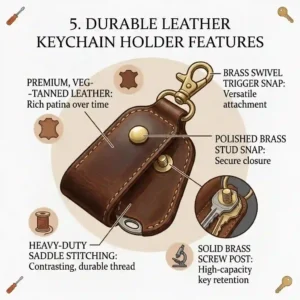 An illustrated diagram highlighting the heavy-duty stitching and stainless steel hardware of a leather keychain holder.