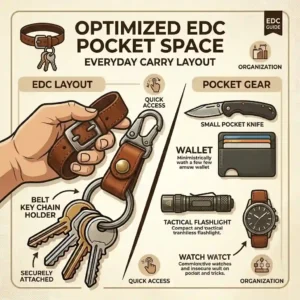 An everyday carry flatlay illustration featuring a tactical belt key chain holder alongside a pocket knife, wallet, and watch.