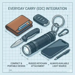 A flat-lay illustration of everyday carry gear including a wallet, pocket knife, phone, and an aluminum mini flashlight keychain.