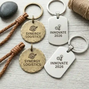A clean, square-format flat lay photograph set on a white wooden table with a bulk order of promotional custom engraved keychains for a business, featuring a corporate company logo and industrial icons.