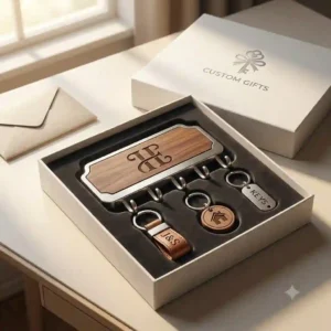 An elegant key chain holder custom packaged neatly inside a premium minimalist gift box with foam padding.