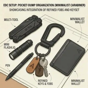 An everyday carry essentials layout featuring a minimalist metal belt loop keychain with car keys.