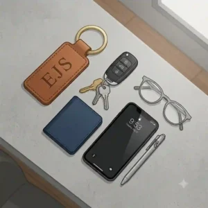 Flat lay illustration of an organized everyday carry setup featuring a sleek monogrammed keychain, wallet, and phone.