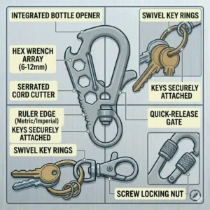 Illustration of an outdoor multi-tool key ring clips featuring a built-in bottle opener and hex wrench.