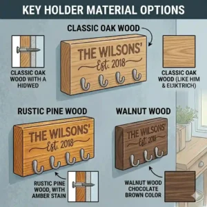 A side-by-side comparison illustration of a rustic oak and a sleek matte black metal personalized key holder.