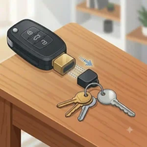 A graphic illustration showing a quick-release magnetic connector separating a car fob from other daily key accessories.
