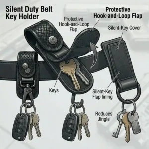An illustration of a silent duty belt key holder featuring a protective hook-and-loop flap to prevent keys from jingling.