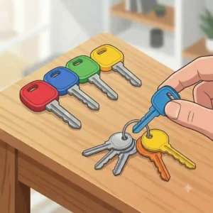 A vibrant illustration of color-coded silicone caps used as practical key accessories to easily identify different house keys.