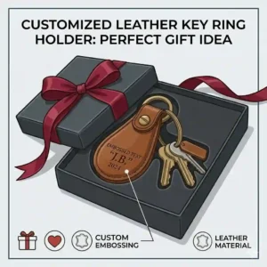 Illustration of a customized leather key ring holder with personalized embossing, presented inside a premium gift box.