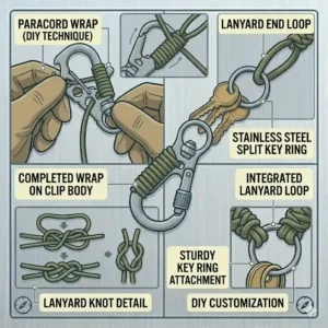 Line art illustration demonstrating how to attach handmade paracord lanyards to metal key ring clips for custom keychains.