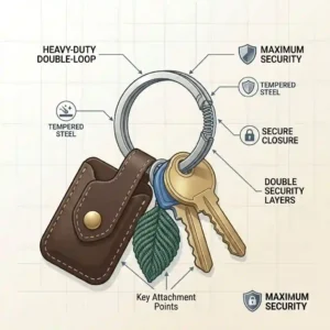 Close-up illustration of a secure double-loop steel ring key ring preventing keys from slipping off.