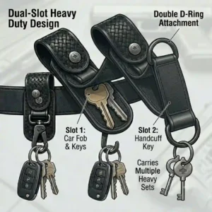 A product illustration of a dual-slot duty belt key holder designed to carry multiple sets of heavy rings and handcuff keys.