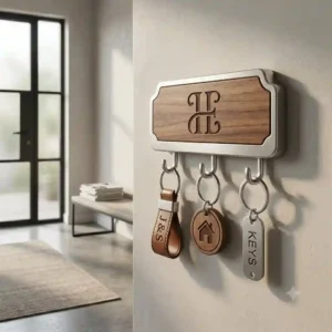 A sleek magnetic key chain holder custom installed on a clean contemporary entryway wall near the front door.