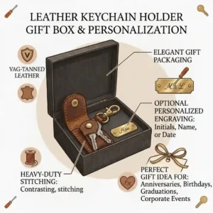 A flat-lay illustration of a personalized leather keychain holder inside an elegant gift box.