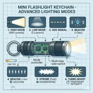 An infographic illustrating the different lighting modes of a mini flashlight keychain, including high, low, strobe, and emergency SOS signals.
