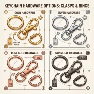 An illustration highlighting gold, silver, and rose gold hardware clips for a monogrammed keychain.