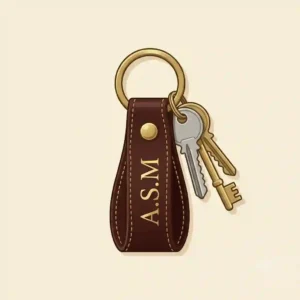 An illustration of a personalized leather key ring stamped with elegant gold-foiled initials.