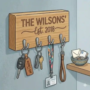 An illustration of a tidy mudroom featuring a personalized key holder holding car keys, a lanyard, and a small dog leash.