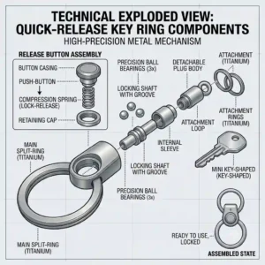 An exploded view illustration showing the inner spring and ball bearings of a metal quick release key ring.