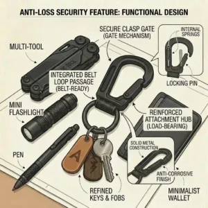 A graphic illustrating the secure snap lock feature of a belt loop keychain preventing keys from falling off.