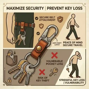 A conceptual illustration highlighting the anti-loss security benefits of using a heavy-duty belt key chain holder for work and outdoor activities.