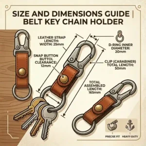 A dimension guide graphic showing the exact length, width, and belt-loop clearance of a standard loop belt key chain holder.