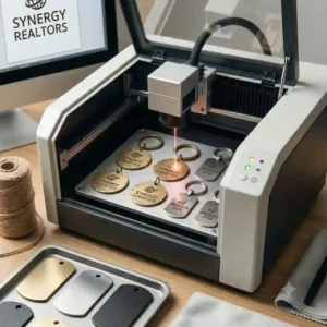 A high-resolution, square-format macro photograph capturing the precise moment of a laser engraving machine in a workshop, carefully cutting a personalized message onto detailed custom engraved keychains.