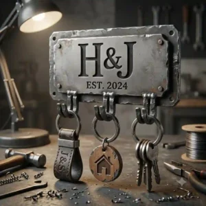 A heavy-duty industrial metal key chain holder custom forged with a hammered finish and sturdy hooks in a workshop.