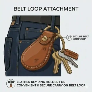 A detailed illustration showing how to securely use the leather key ring holder attached to a pants belt loop.
