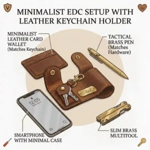 An everyday carry illustration featuring a minimalist wallet, smartphone, and a matching leather keychain holder.