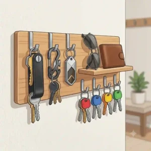 An interior illustration of a modern entryway wall rack holding a wallet, sunglasses, and various key accessories.