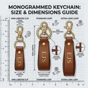 A dimension diagram showing the length and width scale of a standard monogrammed keychain.