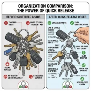 A side-by-side comparison illustration showing a messy bundle of keys versus keys organized neatly with a quick release key ring.
