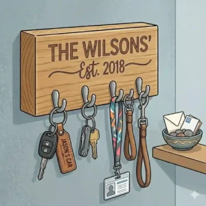 An infographic showing the heavy-duty weight capacity of the hooks on a personalized key holder.