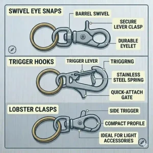 Flat design illustration emphasizing the security of screw-lock key ring clips preventing accidental detachment inside a bag.