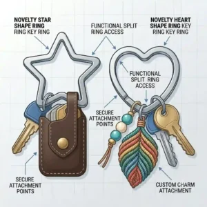 Fun illustration of novelty star and heart-shaped ring key ring designs for personalized accessories.