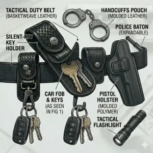 A flat-lay illustration of essential police gear, showing a duty belt key holder alongside a handcuff pouch and holster.
