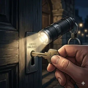 A close-up illustration of someone using a mini flashlight keychain to illuminate a dark door lock at night.