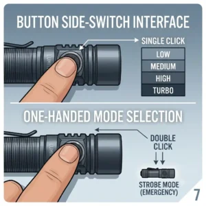 Instructional diagram for the single button interface of the best keychain flashlight.