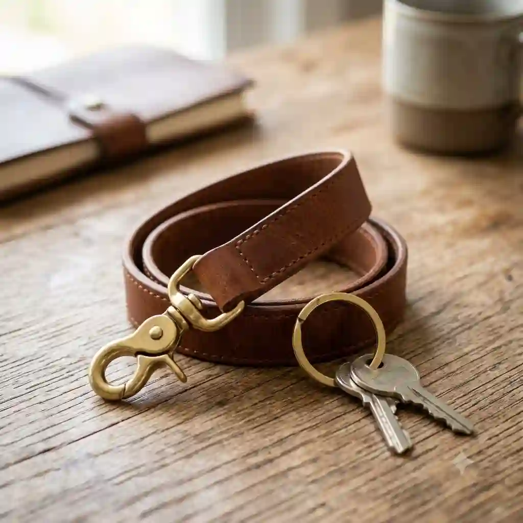 A premium brown leather keychain strap with a brass clip holding a set of house keys on a wooden table.
