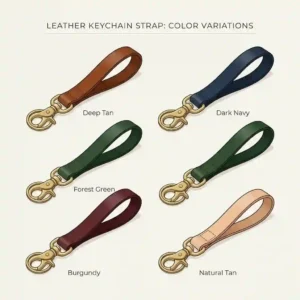 A technical diagram showing the length, width, and thickness measurements of a loop leather keychain strap.