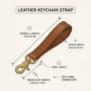 A technical diagram showing the length, width, and thickness measurements of a loop leather keychain strap.