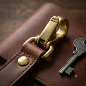 A close-up illustration of the heavy-duty metal clasp and rivet on a durable leather keychain strap.