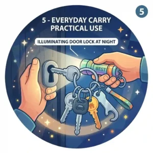 A person using the best keychain torch to illuminate a door lock at night.
