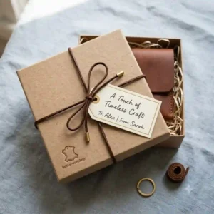 A handmade leather keychain strap neatly placed inside a luxury craft paper gift box with a ribbon.