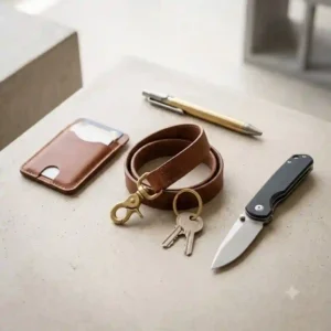 An everyday carry flat lay featuring a pocket knife, a minimalist wallet, and a rugged leather keychain strap.